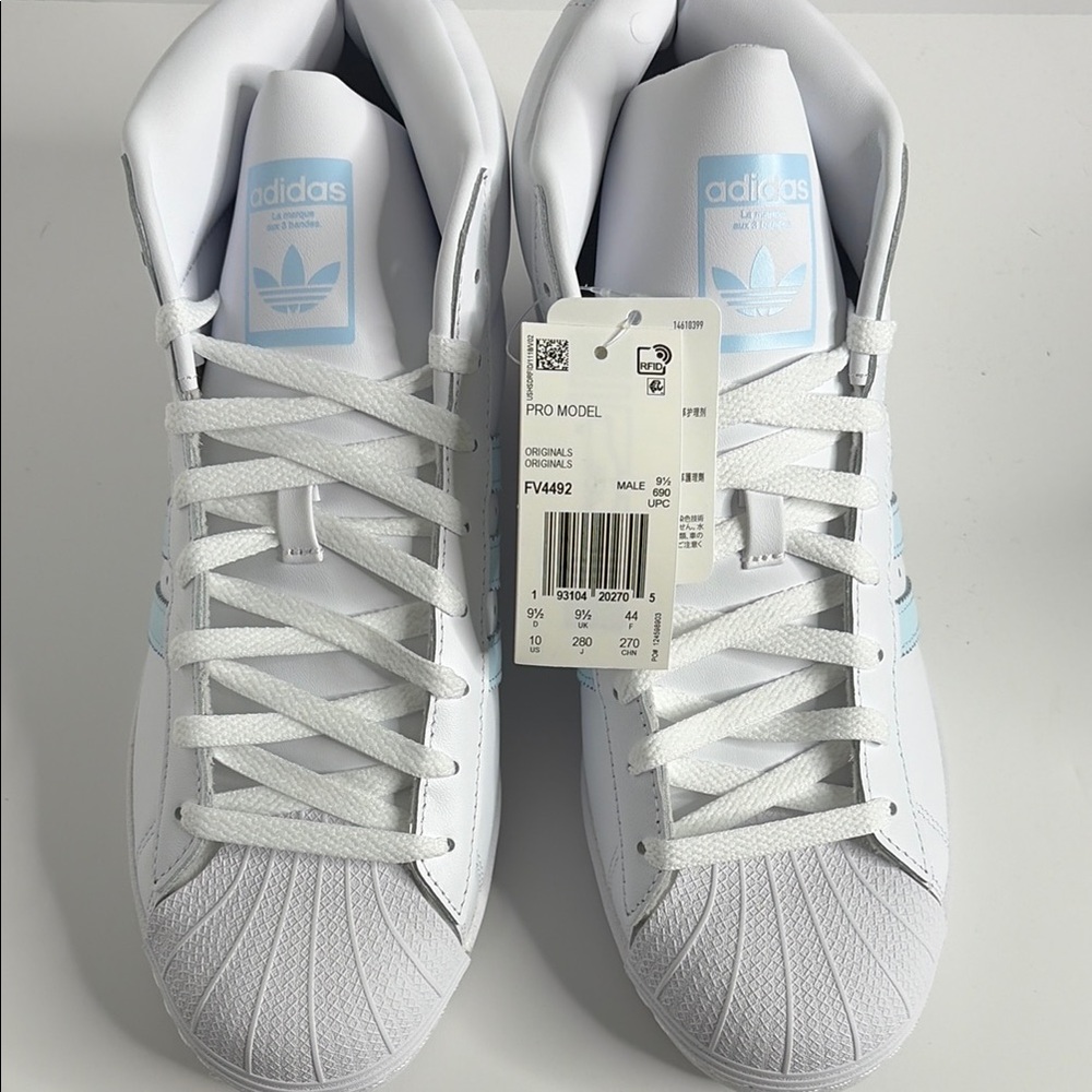 adidas NEW White High-Top Pro Model Sneakers with Pale Blue Stripes FV4492 - Picture 2 of 7